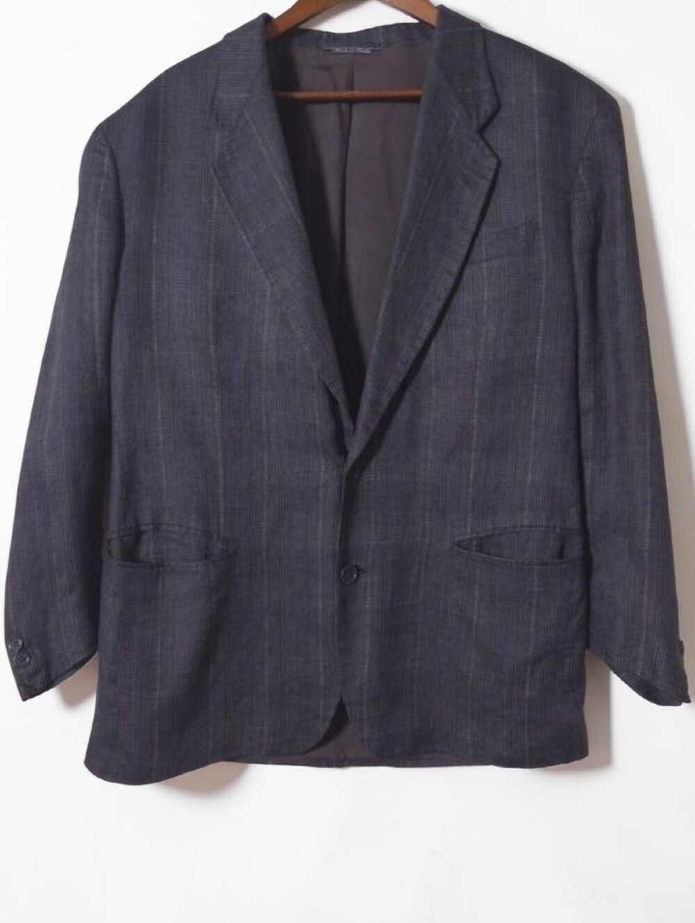 Vintage Lubiam Linen Blazer Sport Coat Gray Plaid 3/4 Sleeve Mens Mens Size 40